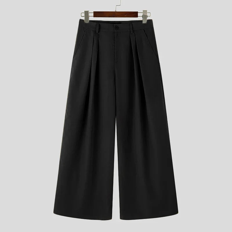 INCERUN Men Wide Leg Pants - Loose Pleated Casual Streetwear Button Trousers S-5XL