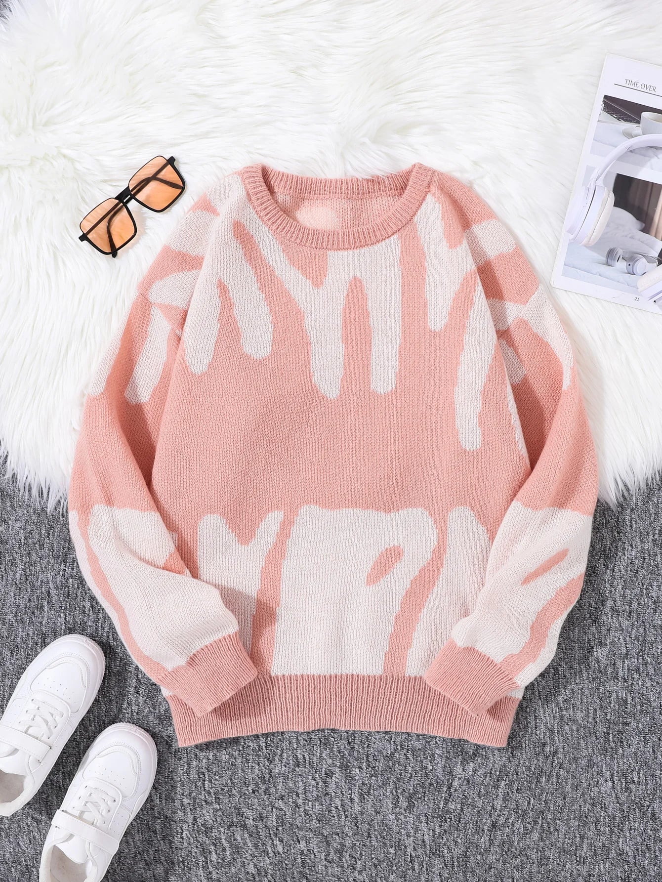 Men's Autumn Winter Jacquard Sweater - Irregular Pattern Contrast Color Round Neck Knitted Casual Pullover