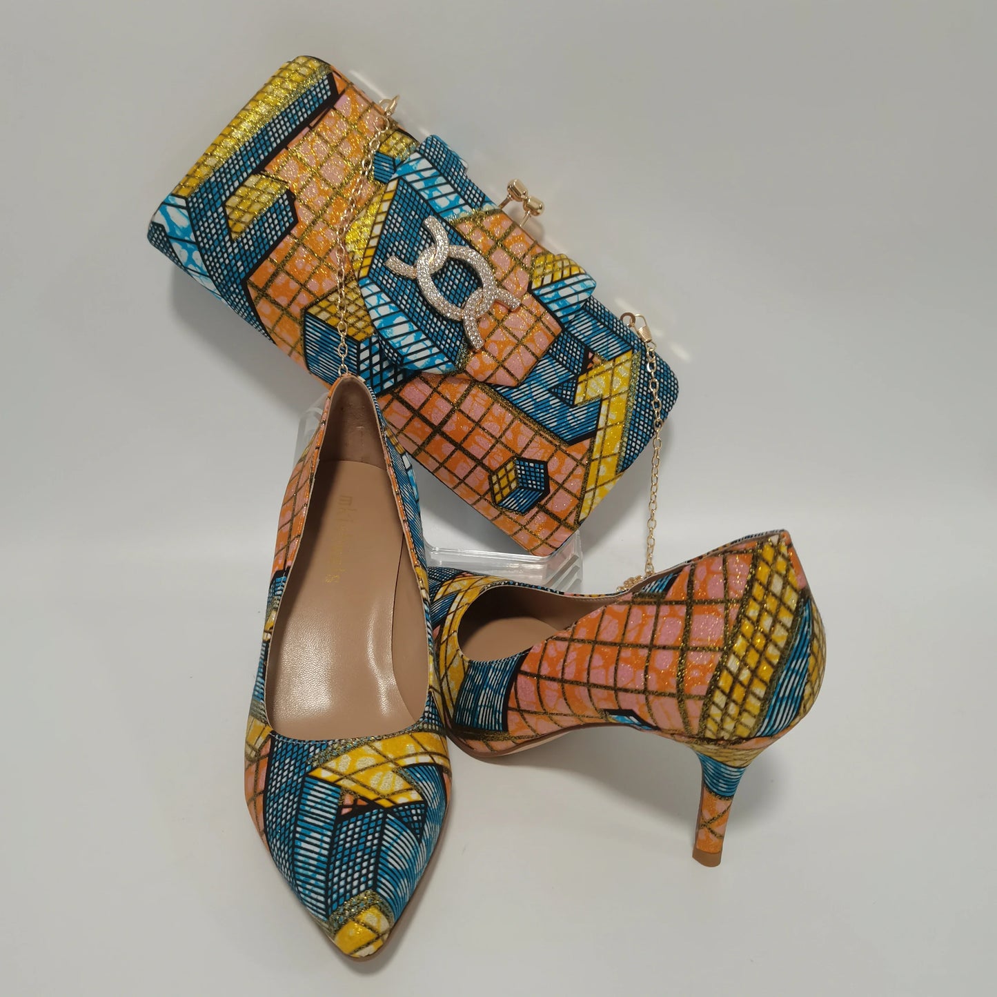 African Kente Print Women’s Shoe & Purse Set - Ankara Wax Print High Heels for Parties, Sizes 37-42