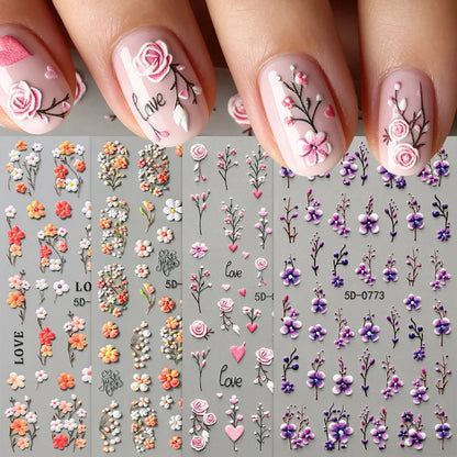 5D Floral Nail Stickers Set - Valentine’s Day Rose & Daisy Embossed Nail Decals for DIY Spring Summer Nail Art Decoration