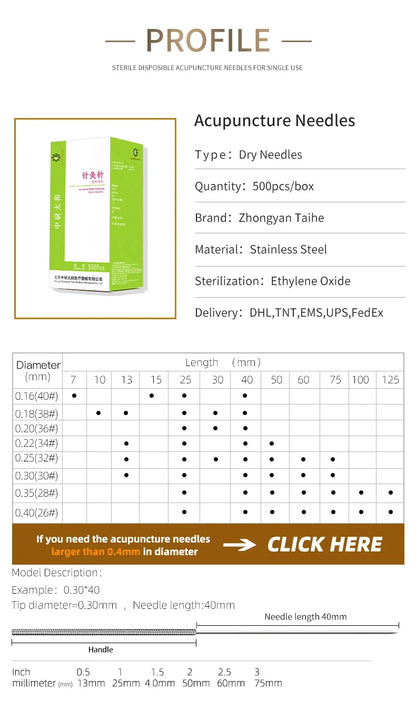 ZHONGYAN TAIHE Acupuncture Needles – 500/Box Sharp Disposable Sterile Needles with Tube for Beauty & Massage, 5-Year Validity
