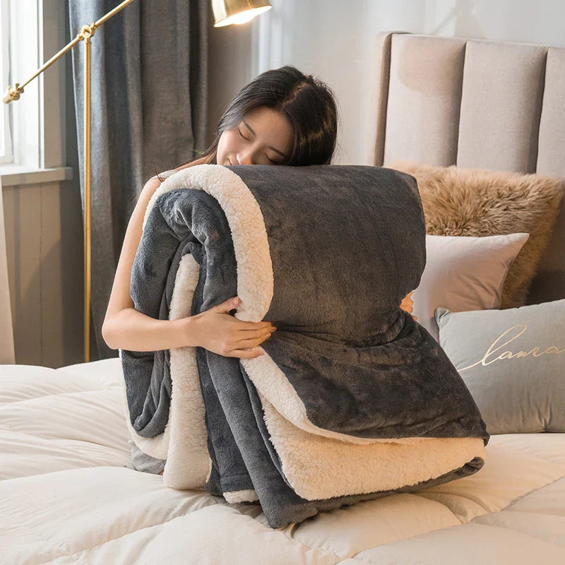 Wool Throw Blanket – Double-Sided Warm Winter Bedspread for Queen Beds & Camping