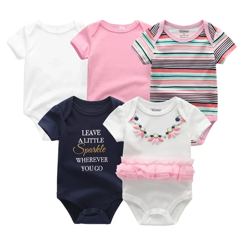 5PCS Newborn Baby Bodysuit Set - Soft Cotton Unisex Baby Clothes with Cartoon Print for Boys & Girls