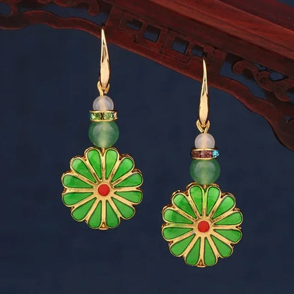Vintage Flower Drop Earrings - Natural Stone Ethnic Jewelry for Women