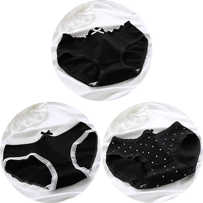 3 Pcs Women’s Cotton Panties Set - Seamless Soft Mid-Waist Black Briefs Skin-Friendly Female Lingerie Underwear