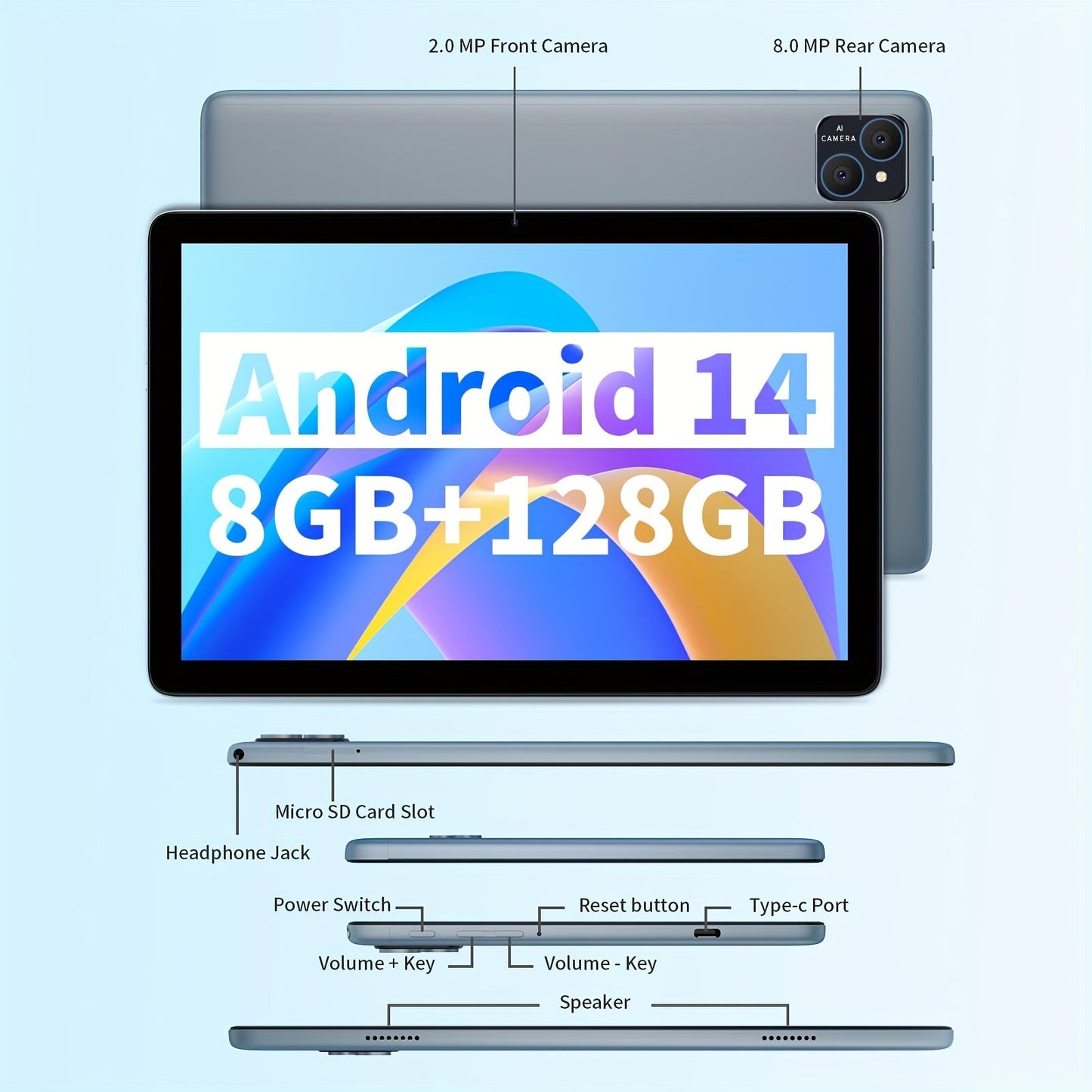 PRITOM 10.1" 2-in-1 Android 14 Tablet - Includes Keyboard, Mouse, Protective Case, Stylus, 128GB ROM, 4GB+4GB RAM, 8MP Dual Camera, 8-Core Processor, 8000mAh Battery, 1280x800 IPS HD Display, Wi-Fi
