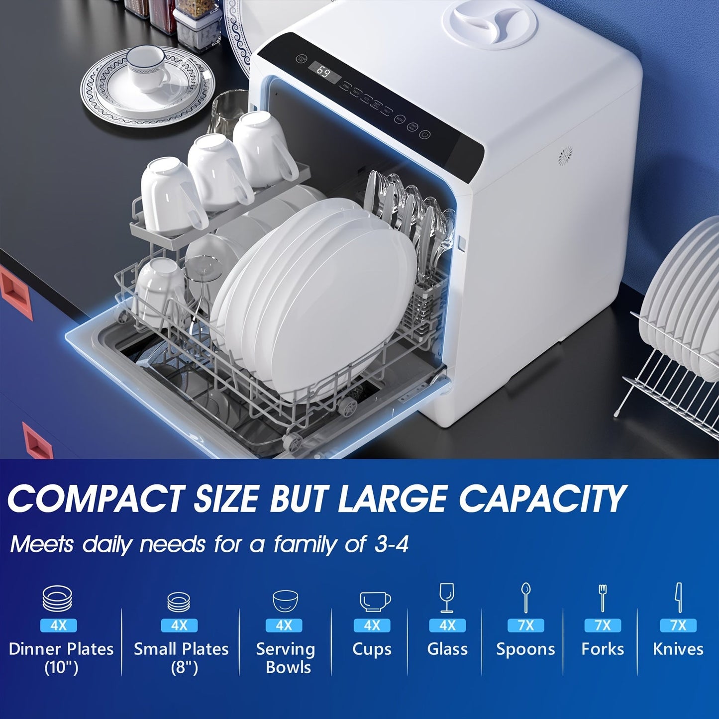 AE-TDQR03 Portable Countertop Dishwasher – Compact Mini with 5L Water Tank, Air-Dry Function, 5 Washing Programs – Baby Care, Glass and Fruit Wash, White/Black