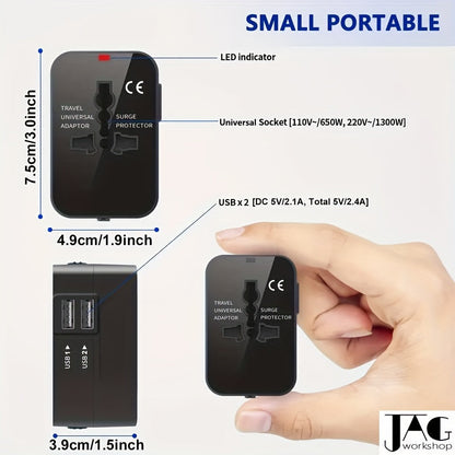 Universal Travel Adapter with Dual USB Ports - All-In-One Wall Charger with US/EU/UK/AU Plugs, 110V-240V Input, Surge Protection, Compatible with iPhone, Samsung, Tablets for Over 150 Countries