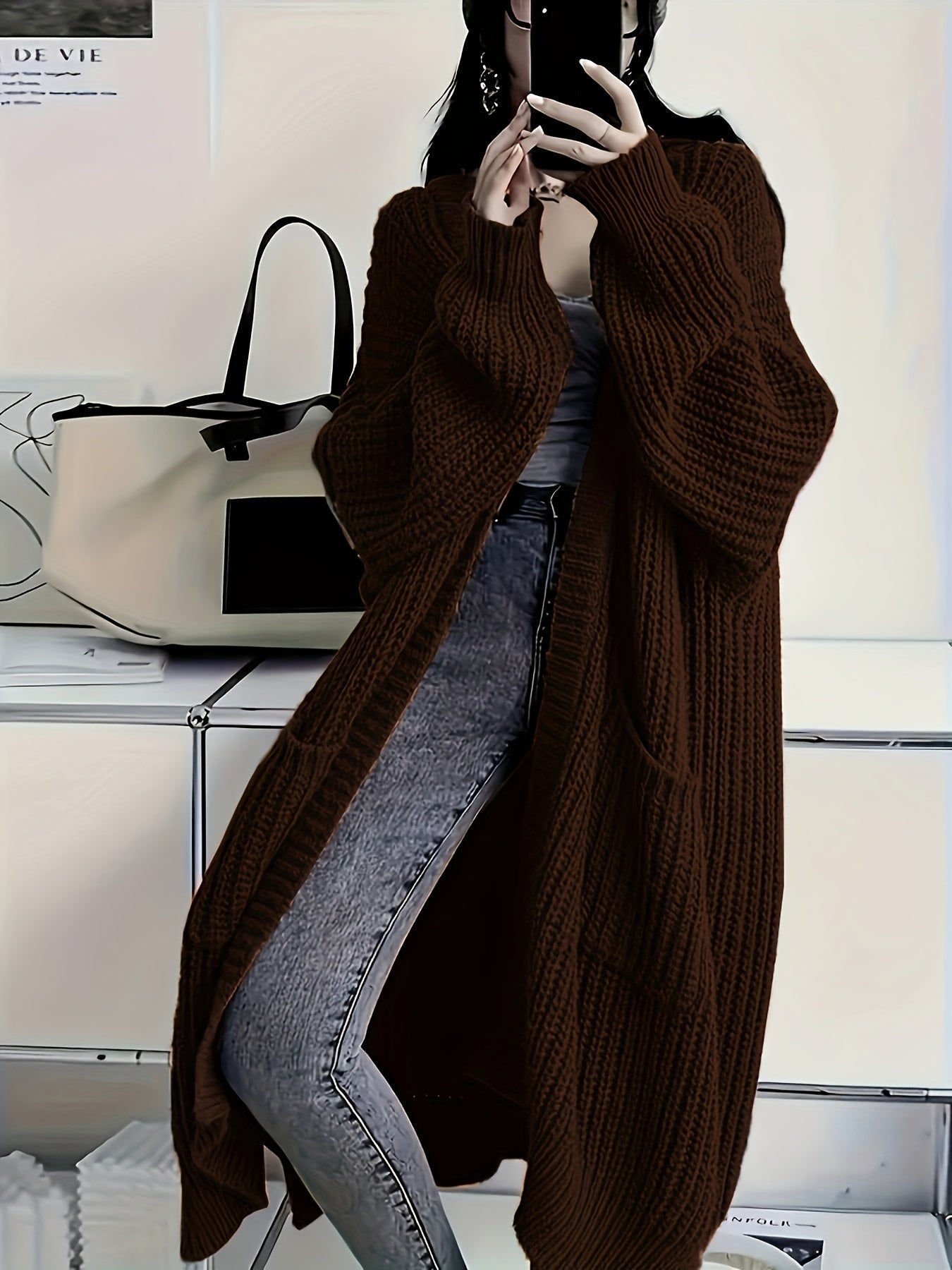 Plus Size Open Front Knit Cardigan - Long Sleeve, Casual Loose Fit with Pockets, Women's Clothing