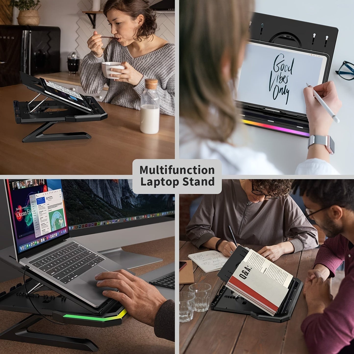 Height-Adjustable Laptop Stand with RGB Lighting and Dual Phone Holders – Compatible with MacBook, Surface, Samsung, Dell 10-17 Inch Laptops