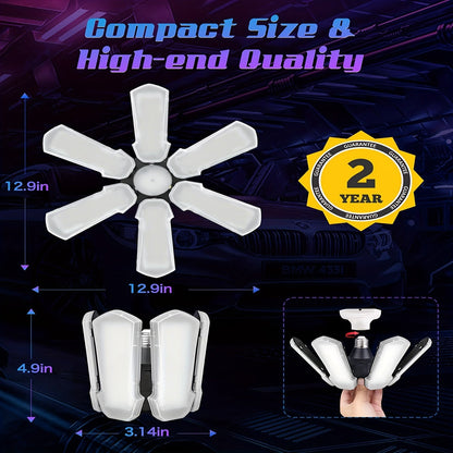 LED Garage Lights 1-Pack – Screw-In Light Bulb with 6+1 Adjustable Panels, 15000LM, 6500K – Deformable Ceiling LED Shop Light for Garage, Barn, Attic, Basement