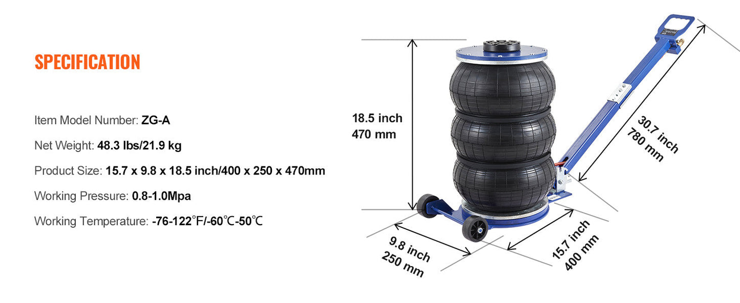 VEVOR Pneumatic Air Jack – 3 Ton/5 Ton Triple Bag Quick Lift Heavy Duty Car Repair Jack with Folding Rod & Two Wheels