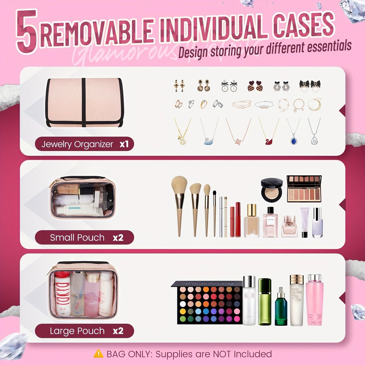 Large Multi-Functional Cosmetic Travel Organizer – 4 Detachable Compartments and Jewelry Roll, Versatile Makeup Bag for Toiletries, Skin Care, Hair Products, Ideal Women's Gift