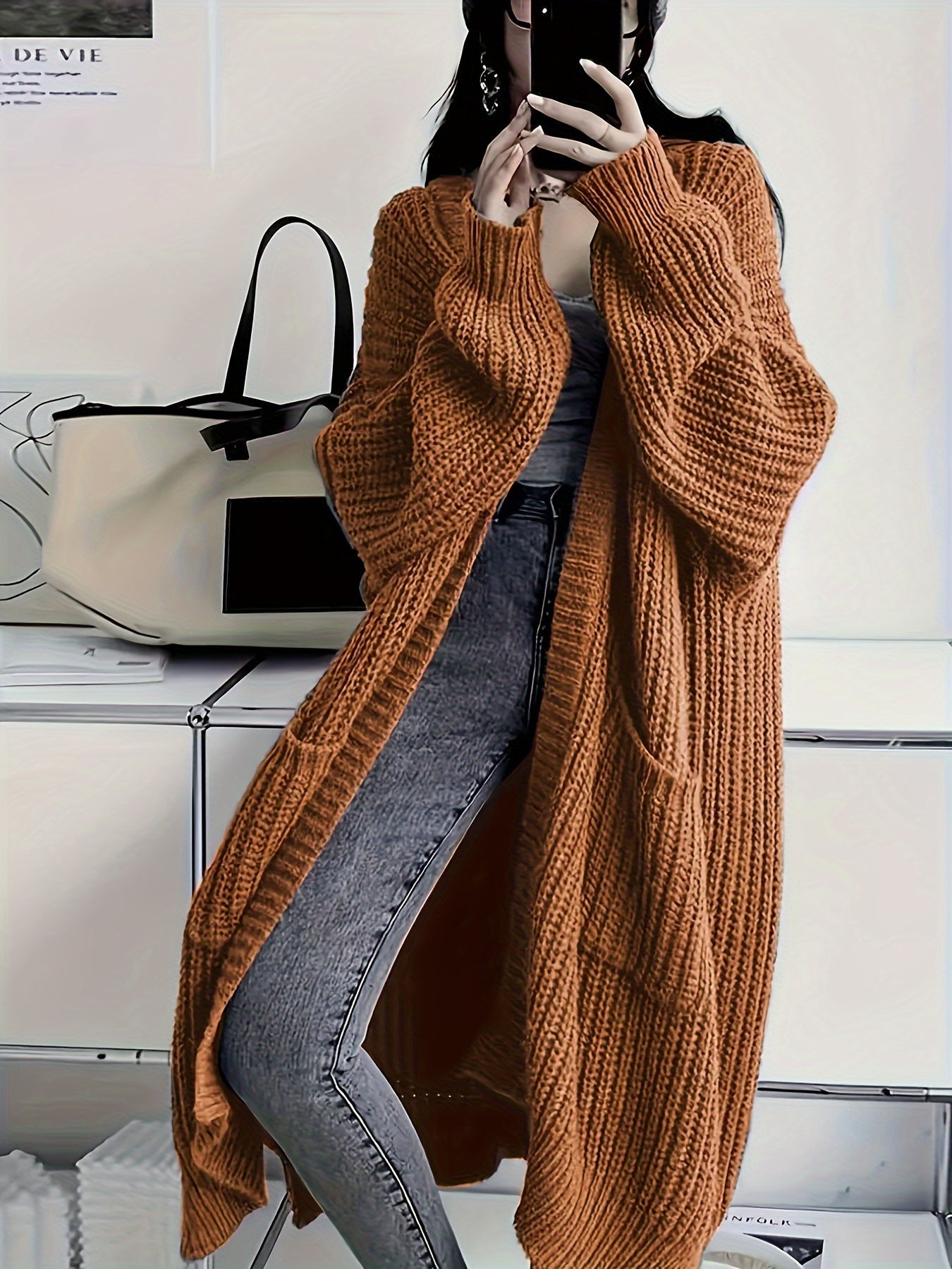 Plus Size Open Front Knit Cardigan - Long Sleeve, Casual Loose Fit with Pockets, Women's Clothing