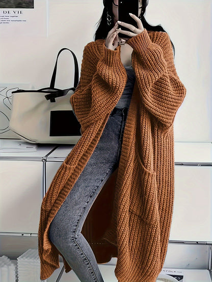 Plus Size Open Front Knit Cardigan - Long Sleeve, Casual Loose Fit with Pockets, Women's Clothing