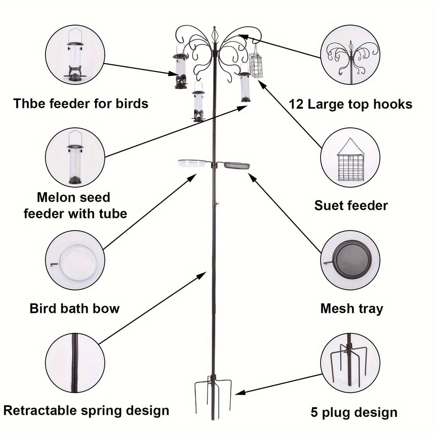 94-Inch Metal Bird Feeding Station – Complete Multi-Feeder Kit with 4 Feeders, Water Bowl & Food Tray