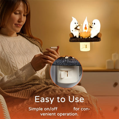 Halloween Ghost Campfire Flickering Night Light – 3D LED Faux Campfire Nightlight for Indoor Decorations, Perfect for Family and Friends