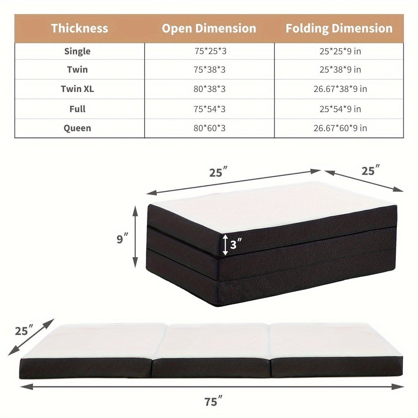 Tri-Fold Memory Foam Mattress – 4 inch/3-inch Foldable Bed with Washable Cover, Portable Mattress Topper for Camping, Guest Bed – Available in Single/Twin/Full/Queen
