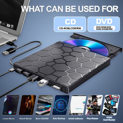 8-in-1 Ultra-Slim Portable External CD/DVD Drive – High-Speed USB 3.0 DVD Player and CD Burner for Laptop and Desktop – Compatible with Mac, Windows 11/10/8/7, Linux