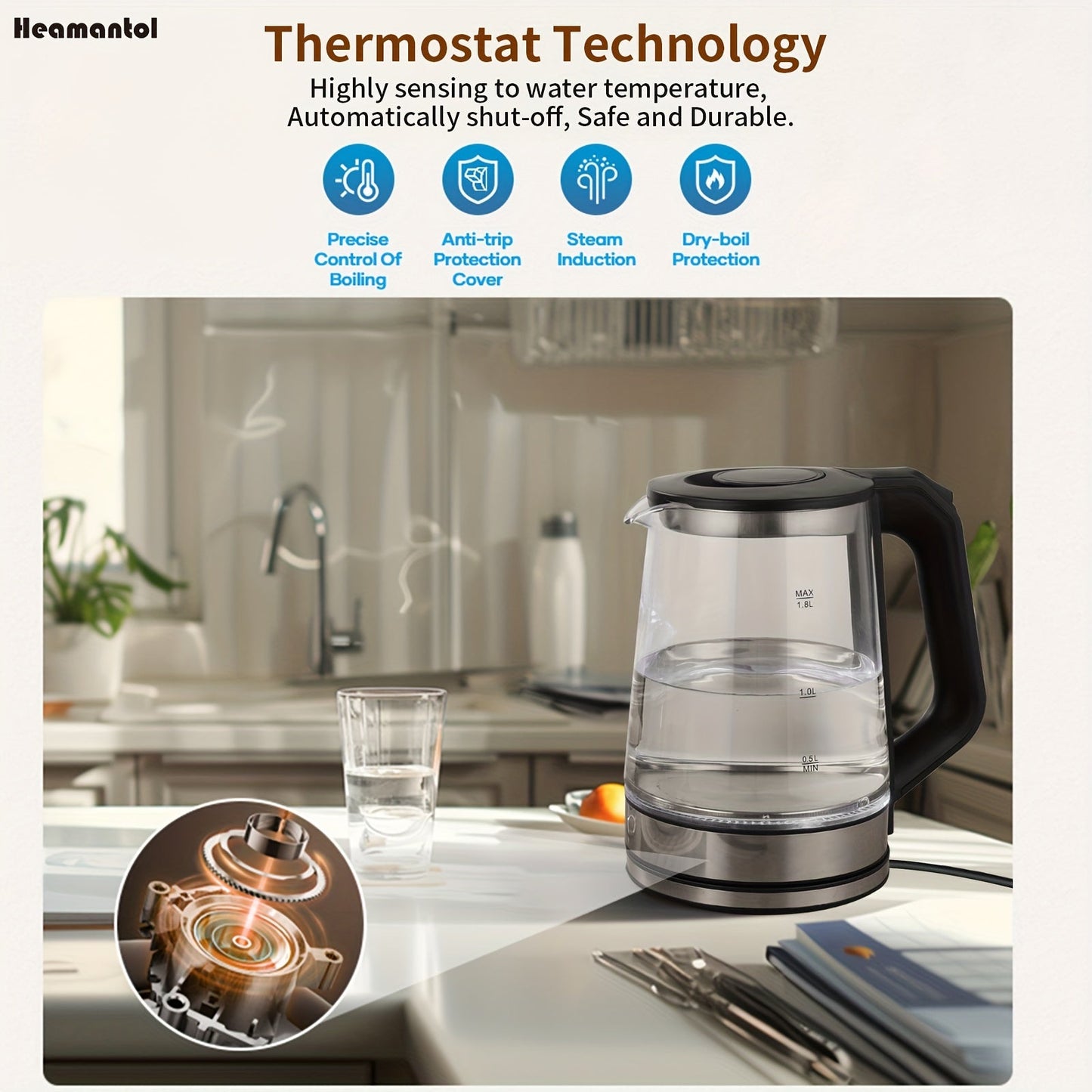1.8L Electric Tea Kettle – Borosilicate Glass, Auto Shut Off, LED Indicator, BPA-Free for Coffee & Tea