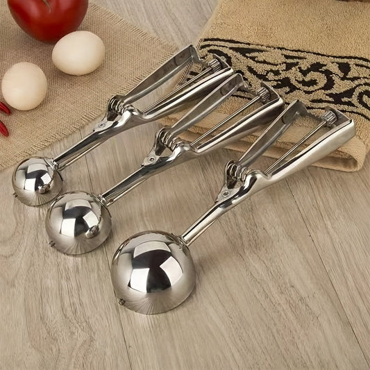 3 Piece Stainless Steel Ice Cream & Cookie Dough Scoops Set with Trigger Release – Silver Cupcake & Fruit Scoop for Baking