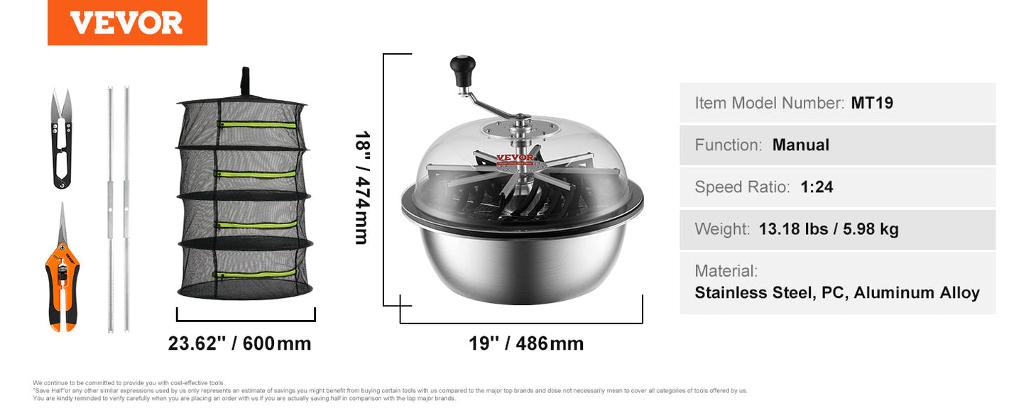 VEVOR 16/19/24 in Manual Leaf & Bud Bowl Trimmer — Stainless Steel Blades, Twist-Spin Cut, Clear Dome