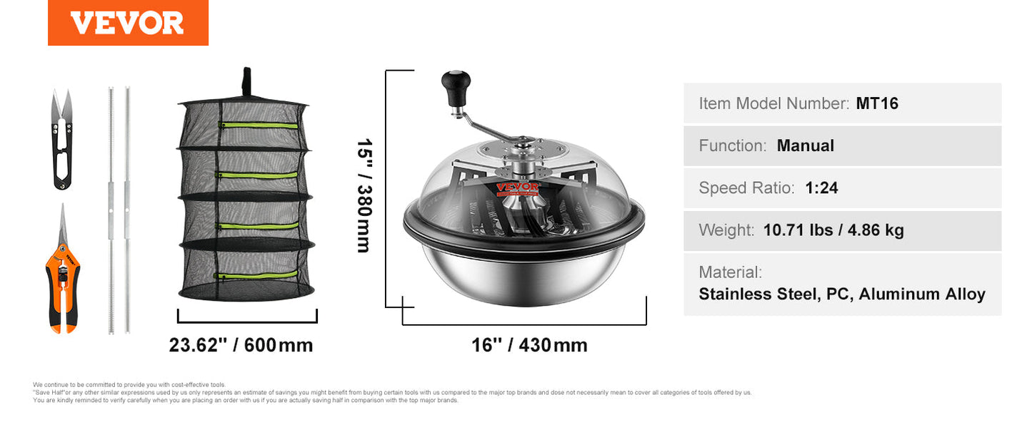 VEVOR 16/19/24 in Manual Leaf & Bud Bowl Trimmer — Stainless Steel Blades, Twist-Spin Cut, Clear Dome