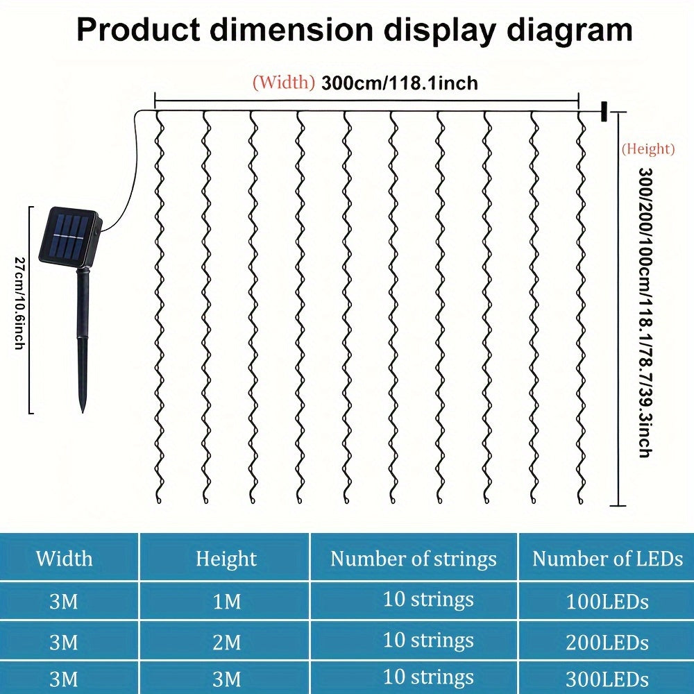 1 Pack LED Solar Curtain String Lights – 100/200/300 Lights, 8 Lighting Modes – Outdoor Decoration for Christmas, Weddings, Patios, Gardens ( Colorful/Warm White/White )