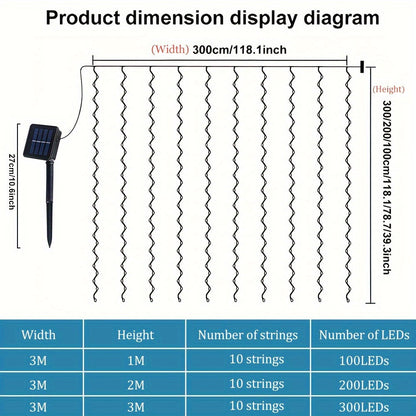 1 Pack LED Solar Curtain String Lights – 100/200/300 Lights, 8 Lighting Modes – Outdoor Decoration for Christmas, Weddings, Patios, Gardens ( Colorful/Warm White/White )