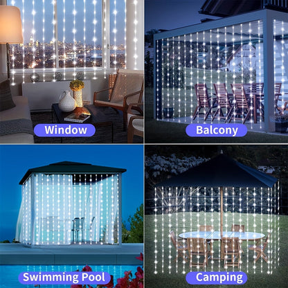 1 Pack LED Solar Curtain String Lights – 100/200/300 Lights, 8 Lighting Modes – Outdoor Decoration for Christmas, Weddings, Patios, Gardens ( Colorful/Warm White/White )