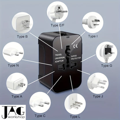 Universal Travel Adapter with Dual USB Ports - All-In-One Wall Charger with US/EU/UK/AU Plugs, 110V-240V Input, Surge Protection, Compatible with iPhone, Samsung, Tablets for Over 150 Countries