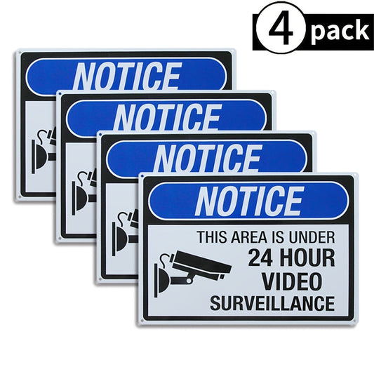 4pcs 24-Hour Video Surveillance Warning Signs - 10"x14" Rust-Free Aluminum, UV-Printed, Durable Weatherproof with Pre-Drilled Holes for Home & Office