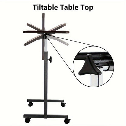 Mobile Height Adjustable Side Table – Portable Overbed Bedside Table with Wheels, Tilting Laptop & Food Tray, Room Decor