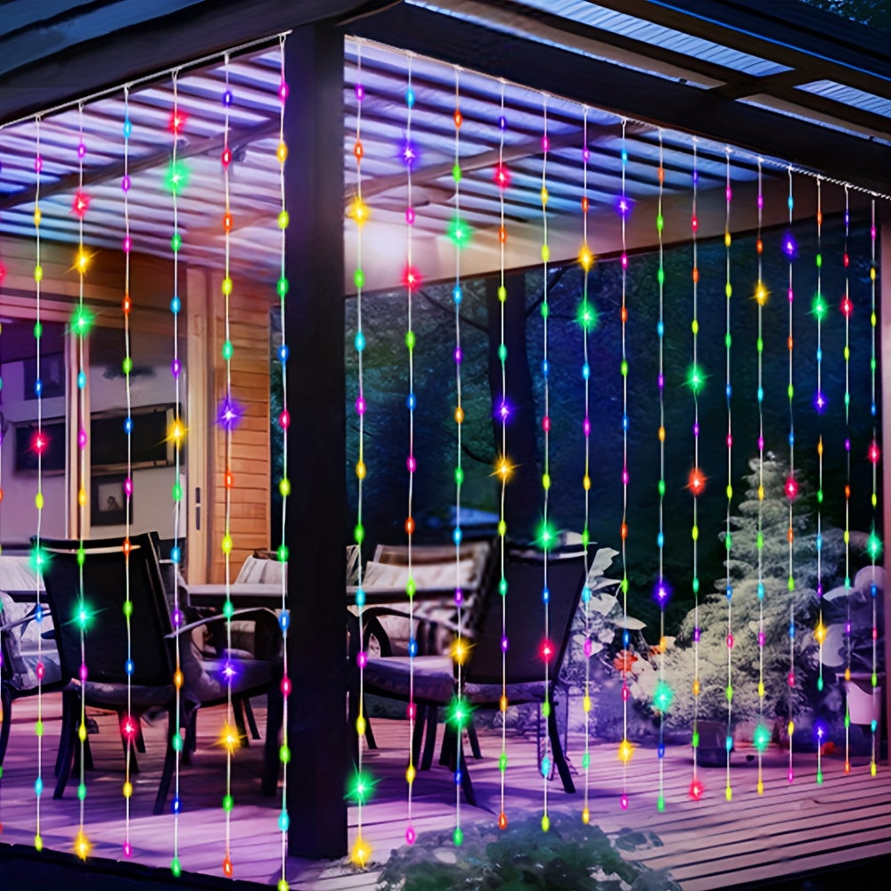 1 Pack LED Solar Curtain String Lights – 100/200/300 Lights, 8 Lighting Modes – Outdoor Decoration for Christmas, Weddings, Patios, Gardens ( Colorful/Warm White/White )