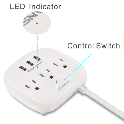 US Standard Slant Flat Plug Power Outlet – 3 Outlets & 3 USB Ports, Desktop Charging Station with 3.3ft, 5ft, 10ft Cords, Sturdy & Durable for Home, Office & Travel, Black & White