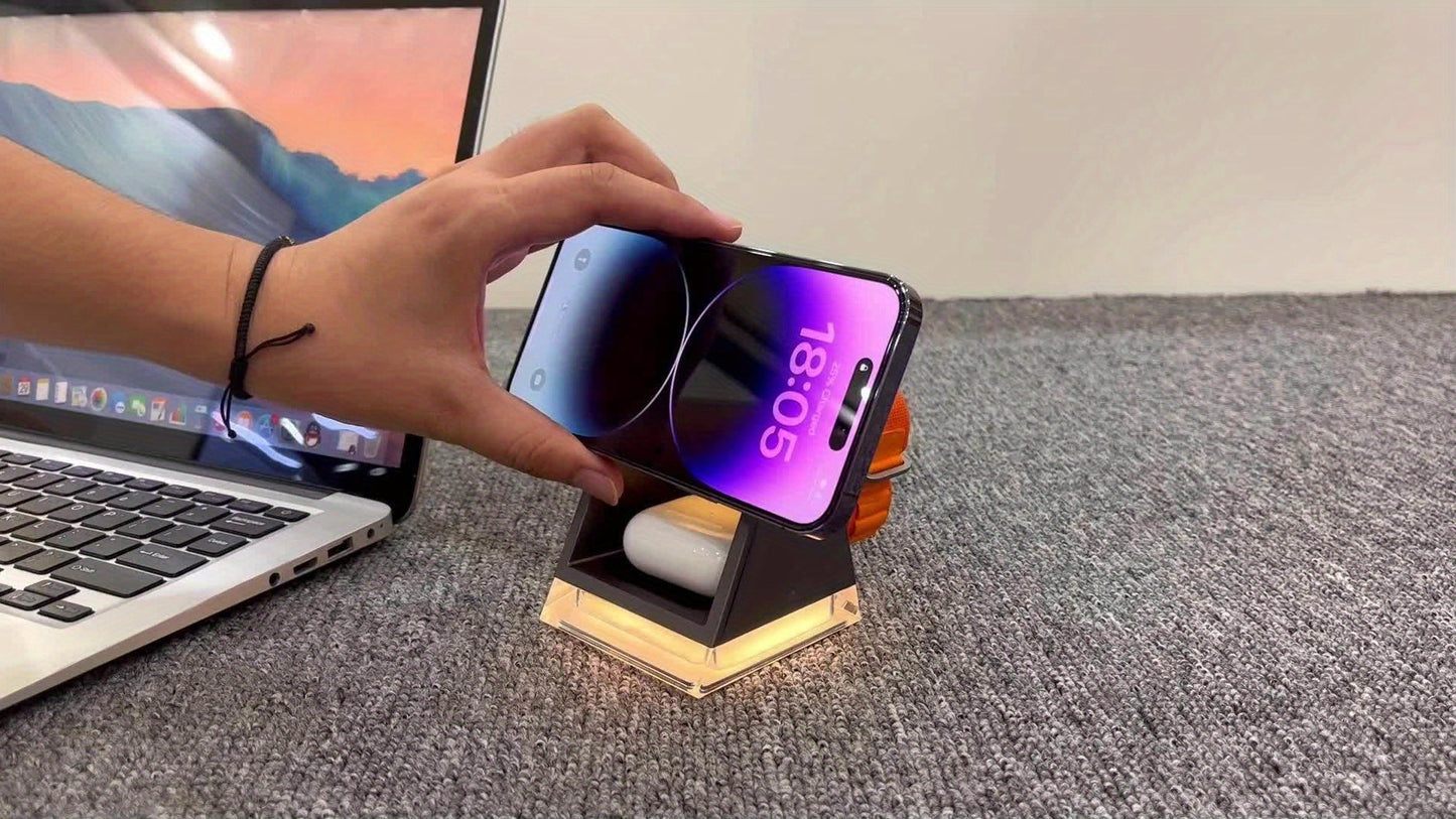 Three in One Wireless Charger for Apple Devices - 15W Fast Magnetic Charging Station with Night Light and Adapter, Compatible with iPhone 15/14/13/12 Pro/Max/Plus/Mini and AirPods Pro (Black)