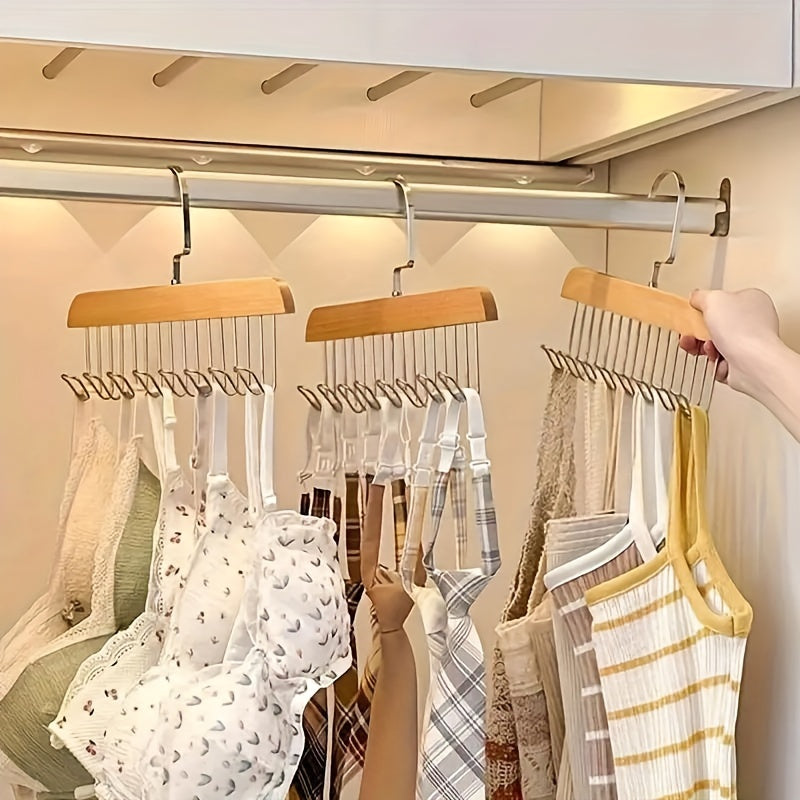 Bra Hanger for Closet – 3-Pack Tank Top Hanger with 8 Hooks, Space-Saving Wooden Organizer for Bras, Camisoles, Swimsuits & Dresses, 360° Rotating, Dorm & Apartment Storage