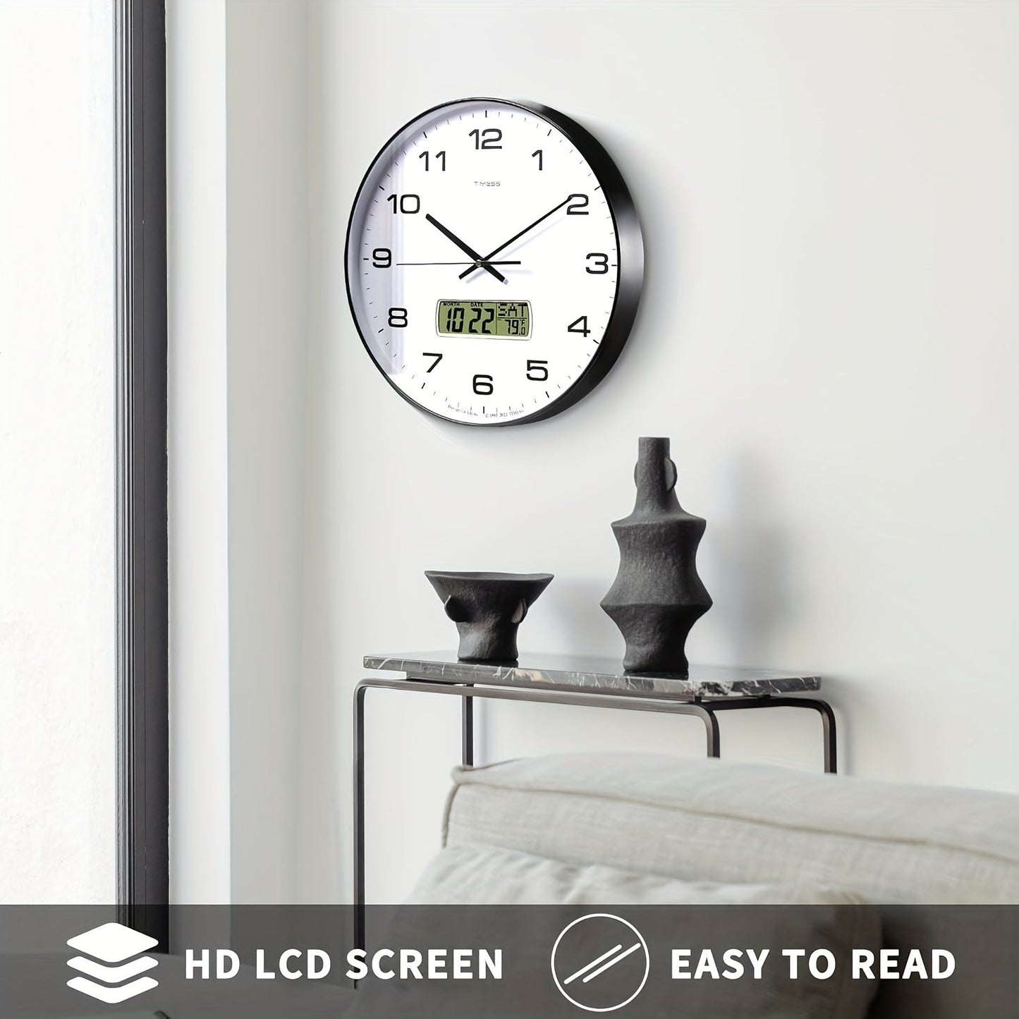 TIMESS Calendar Display Analog Wall Clock – 10/12/14 inch Silent 4-Color Large Dial with Perpetual Calendar & Fahrenheit Temperature, for Bedroom, Office, School Decor