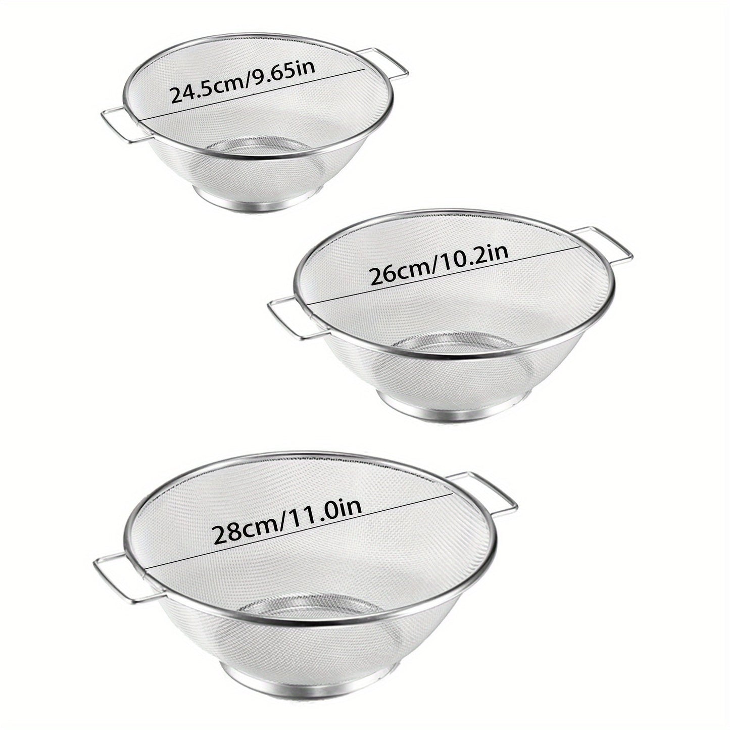 3pcs Stainless Steel Drain Basket Set - Fine Mesh Colanders with Handles for Pasta, Vegetables, Rice, and Fruit, Essential Kitchen Accessories