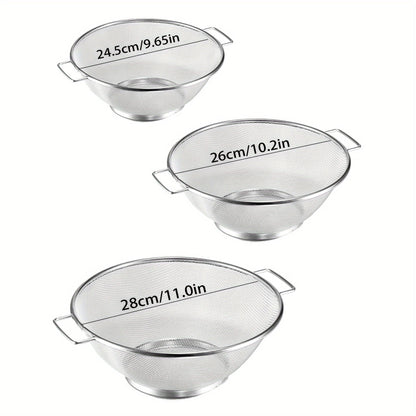 3pcs Stainless Steel Drain Basket Set - Fine Mesh Colanders with Handles for Pasta, Vegetables, Rice, and Fruit, Essential Kitchen Accessories