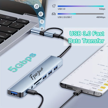 FPOZUO USB 3.0 and USB-C Hub Adapter with SD/TF Card Reader - 5Gbps Data Transfer, Aluminum Alloy Expansion Dock for Laptops, USB 2.0, TF, SD, 3.5mm Interfaces