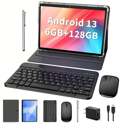 10 Inch 2-in-1 Tablet PC – 6GB RAM, 128GB Storage, 1TB Expandable, Android 13, Includes Case, Mouse, Stylus, 8000mAh Battery, 2.4G/5G WiFi, GPS