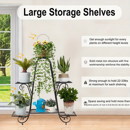 6 Tier Metal Plant Stand - Space-Saving Multi-Plant Display Rack - Sturdy Black Flower Pot Holder for Home and Patio Decor