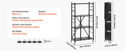 SucceBuy 3-6 Tier Black Foldable Storage Shelf — Wheeled Metal Rack Organizer for Kitchen & Garage