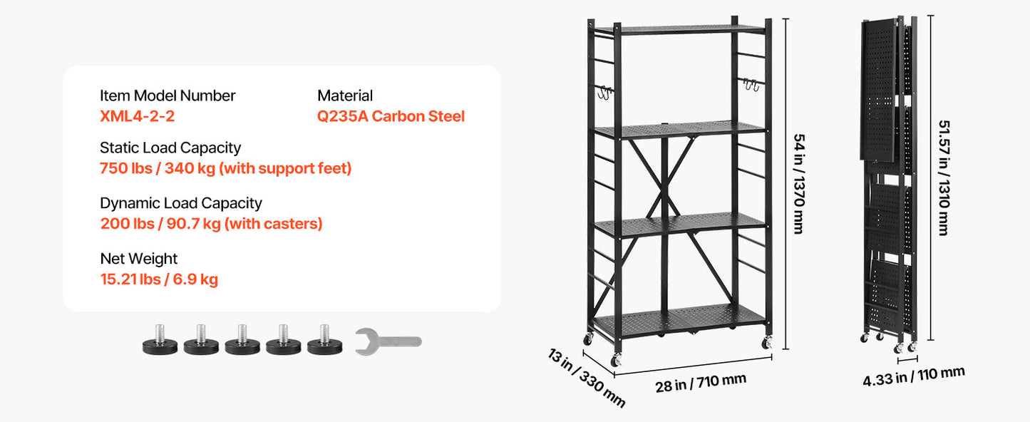 SucceBuy 3-6 Tier Black Foldable Storage Rack — Wheeled Metal Shelving Organizer for Garage & Kitchen