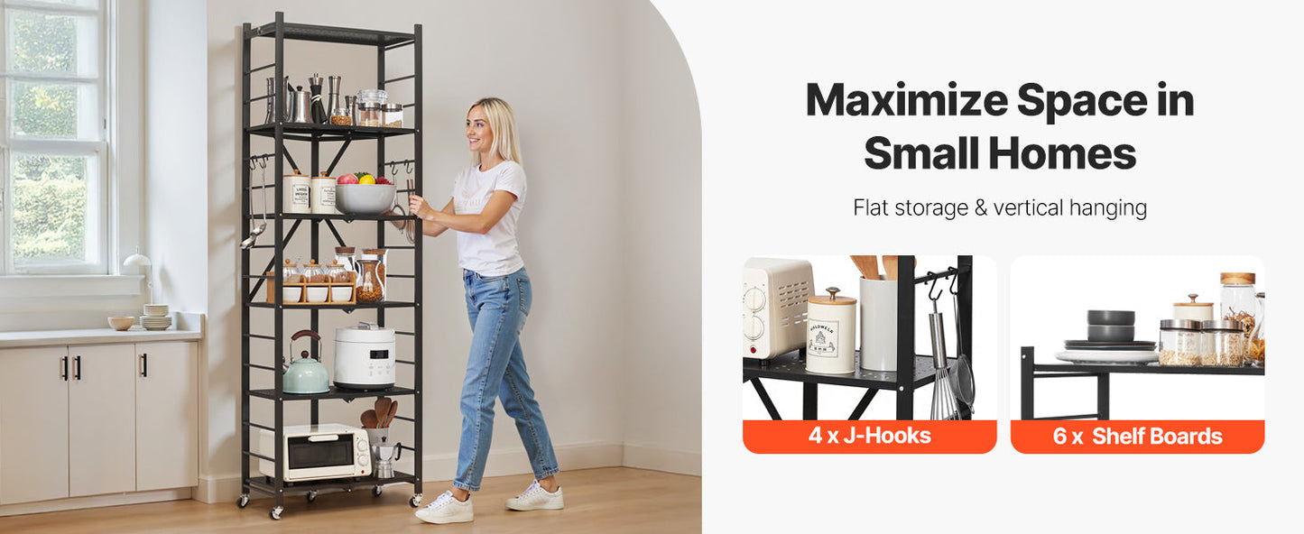 SucceBuy 3-6 Tier Black Foldable Storage Rack — Wheeled Metal Shelving Organizer for Garage & Kitchen