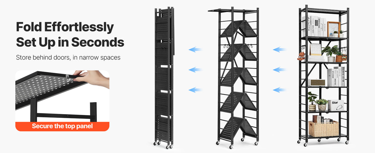SucceBuy 3-6 Tier Black Foldable Storage Shelf — Wheeled Metal Rack Organizer for Kitchen & Garage