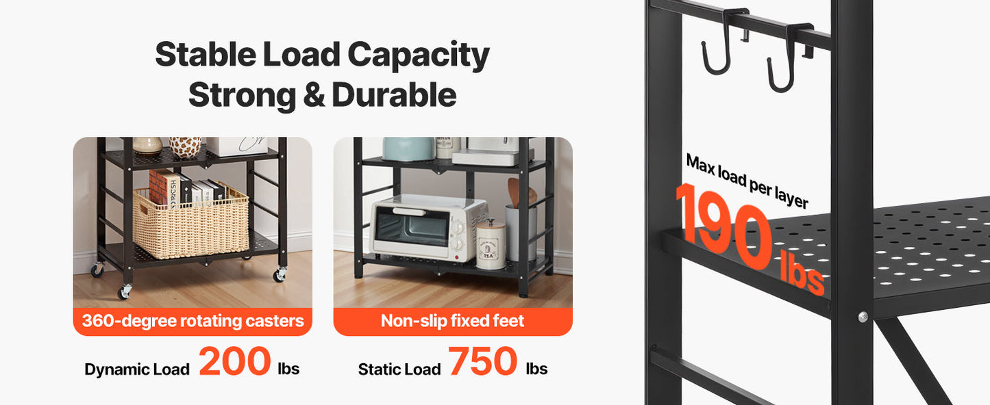 SucceBuy 3-6 Tier Black Foldable Storage Shelf — Wheeled Metal Rack Organizer for Kitchen & Garage