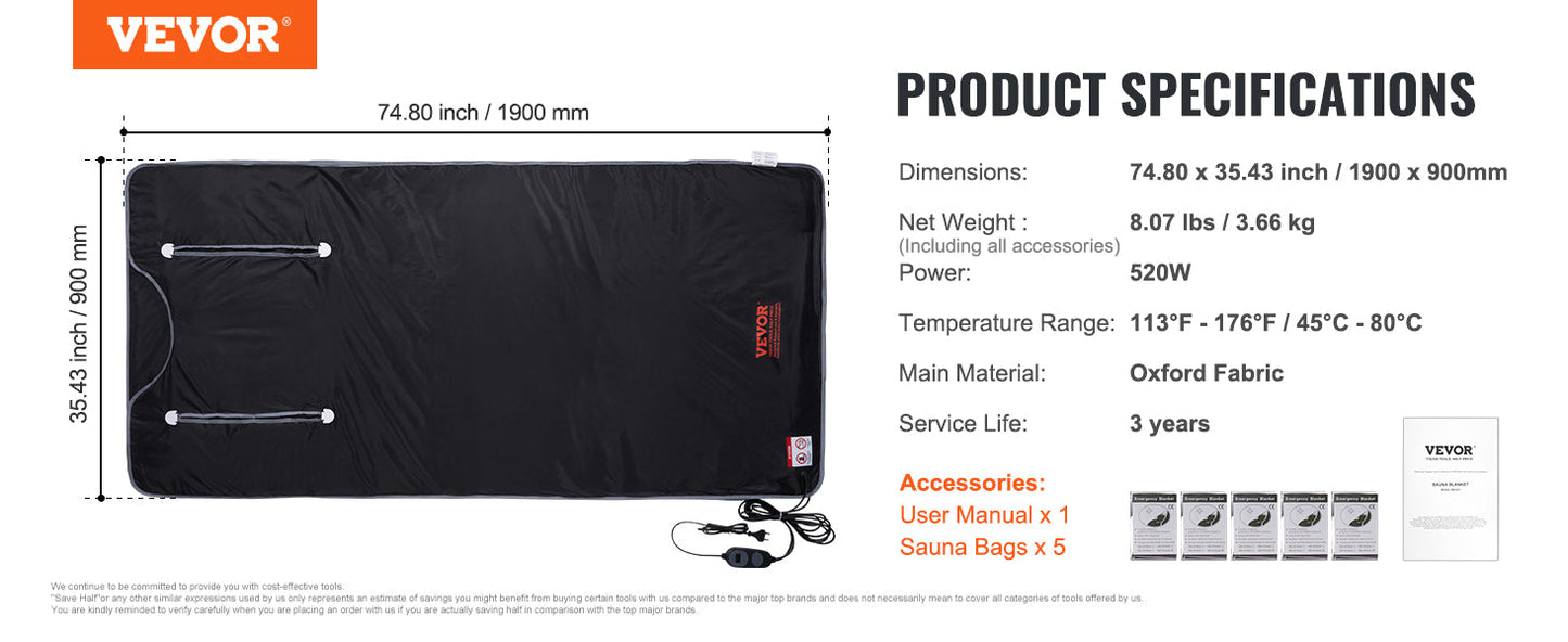VEVOR Sauna Blanket for Detoxification – Portable Far Infrared Sauna, Adjustable Temperature & Timer for Home Relaxation